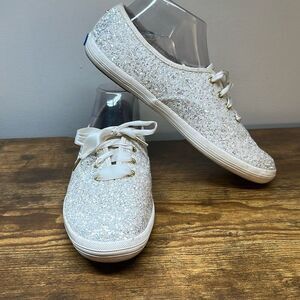Kate Spade Keds Glitter Sneakers 8.5 White Silver Gold Accents Ribbon Laces